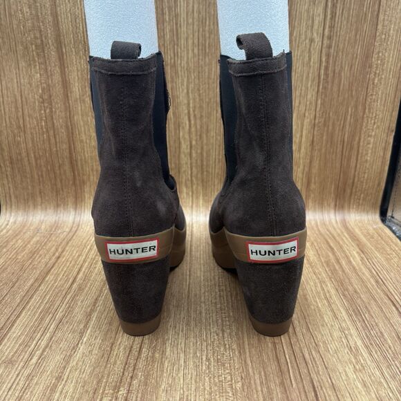 Hunter Platform Chunky Heel Boots Brown Suede Rubber Women’s Size 8 - Picture 2 of 7